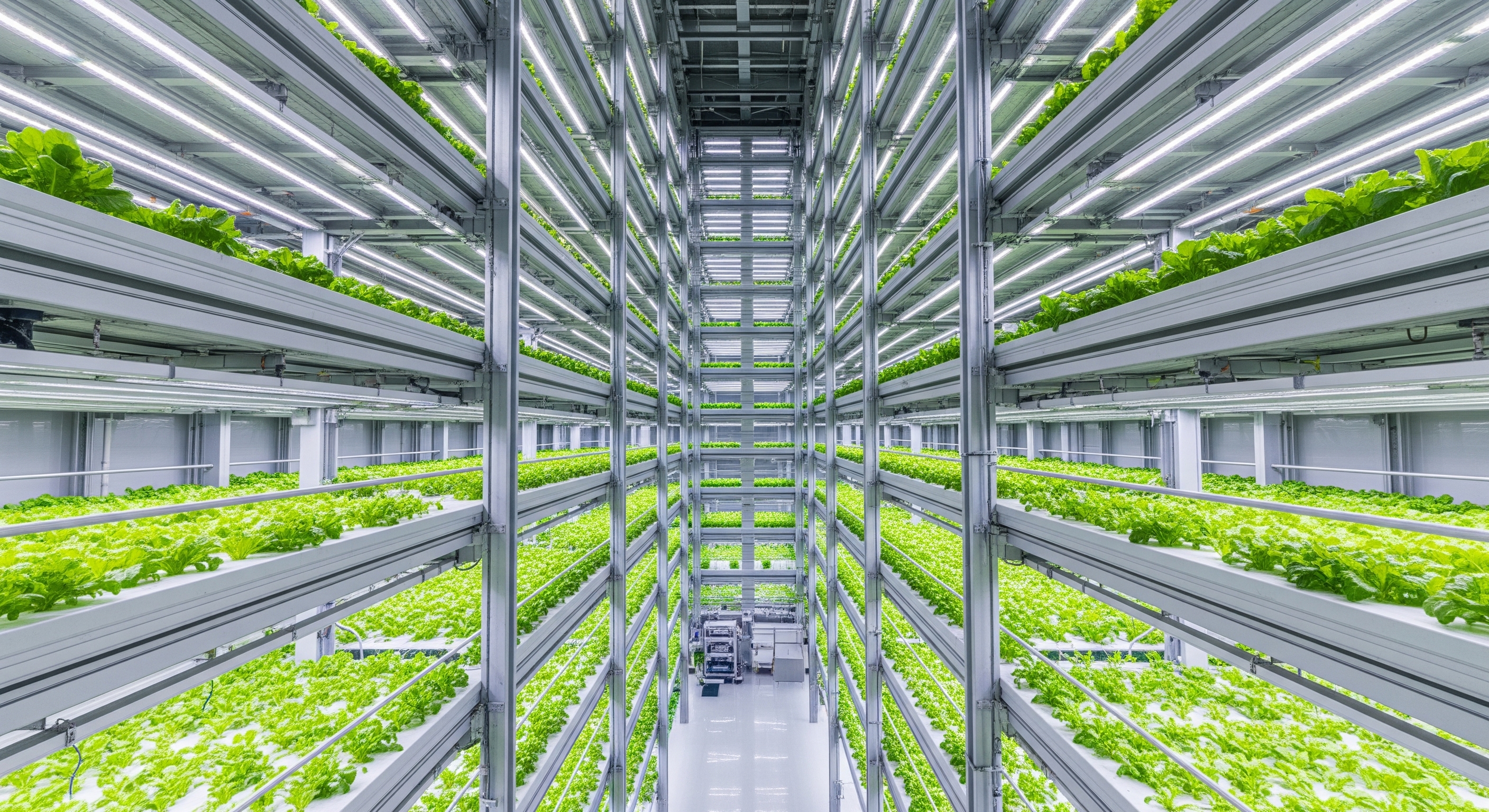Interior of a massive, glowing vertical farm